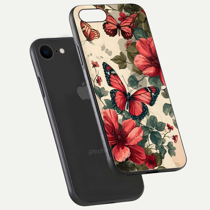 Crimson Butterfly Garden Glass Case for iPhone 7 floating mockup showing HD gloss and vivid art