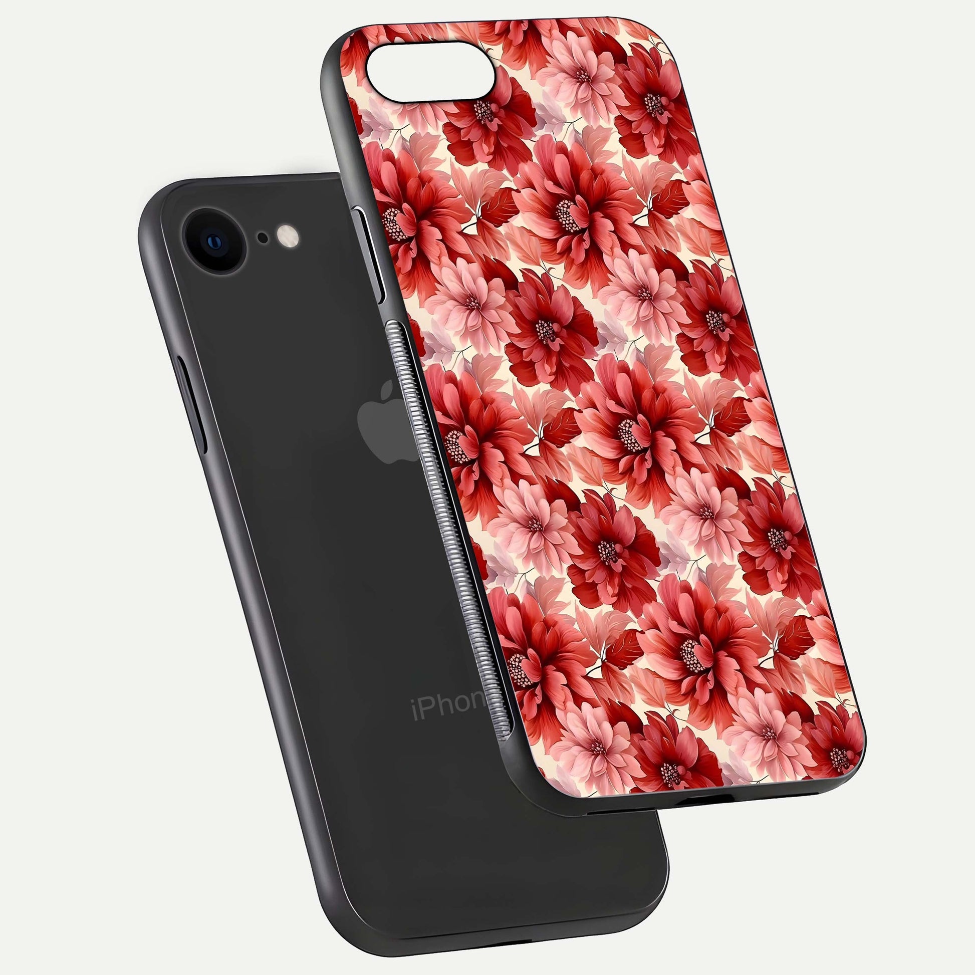 Crimson Love Petals Glass Case for iPhone 7 floating mockup showing HD gloss and vivid detail