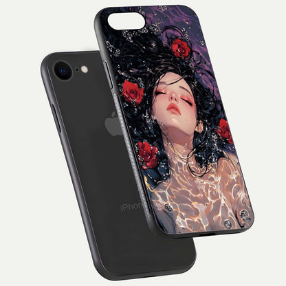 Crimson Rose Serenity Glass Case for iPhone 7 floating mockup showing HD gloss and floral texture