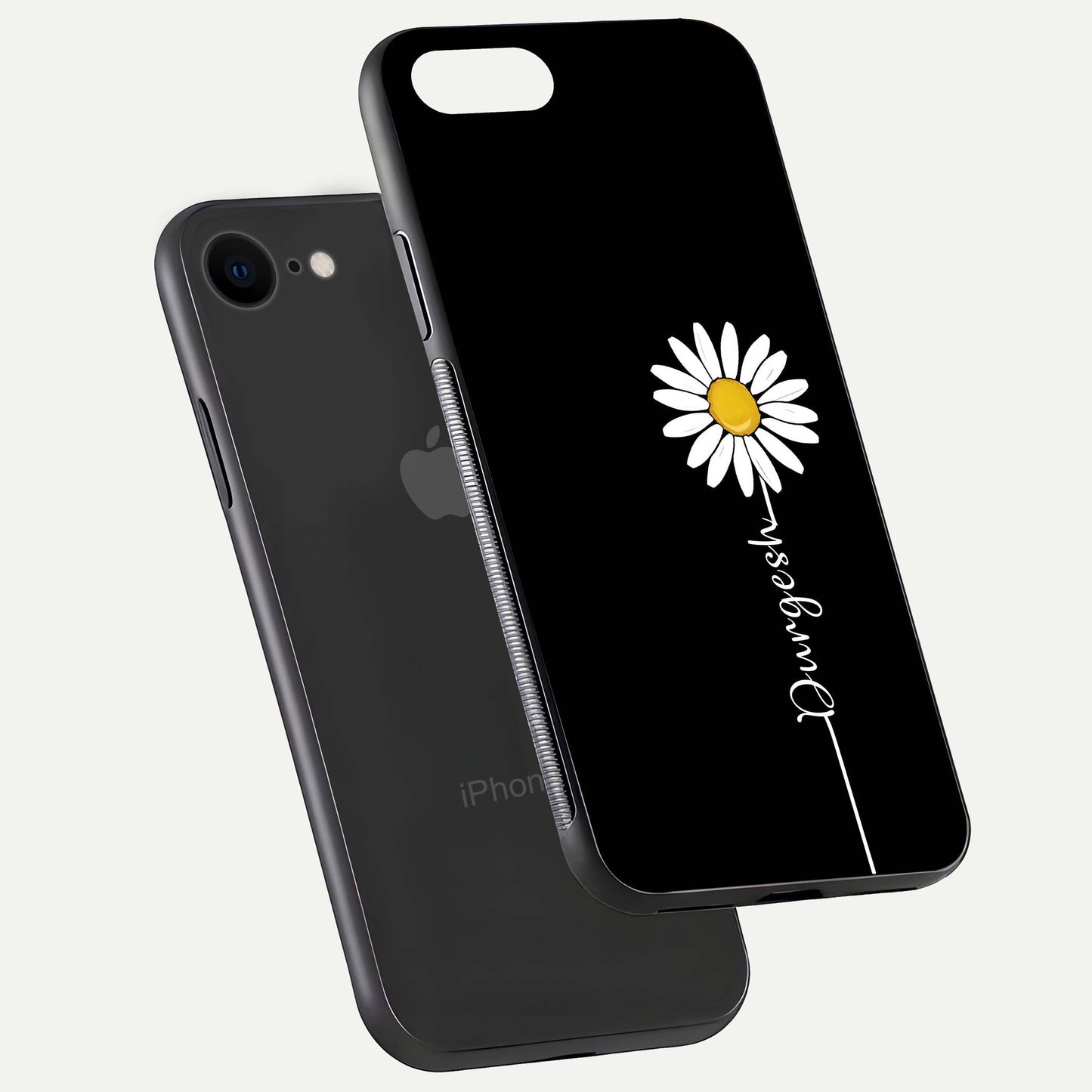Custom Name White Flower Glass Case for iPhone 7 floating mockup displaying HD gloss and delicate texture