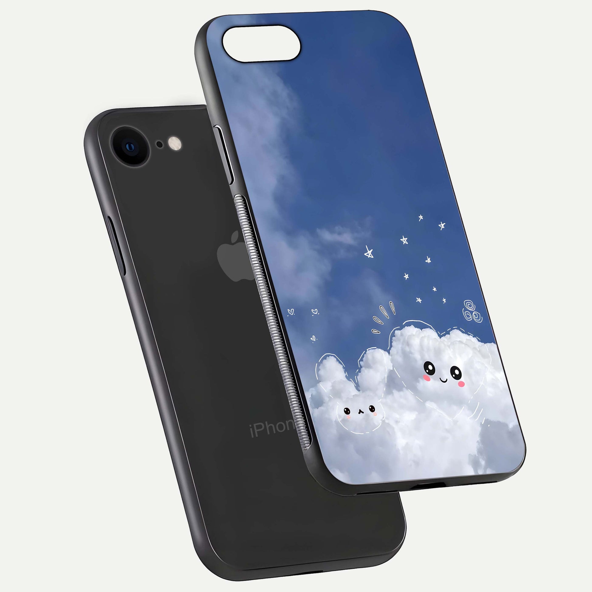 Cute Blossom Cloud Glass Case for iPhone 7 floating mockup showing HD shine and soft gradient finish