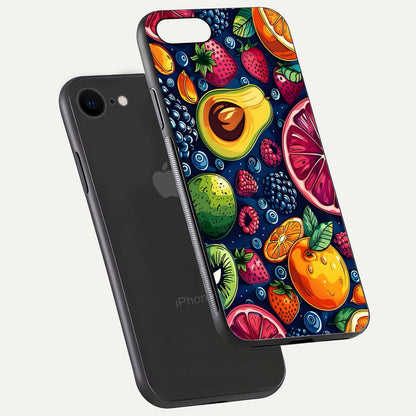 Cute Fruits Art Glass Case for iPhone 7 floating mockup showing gloss brightness and vivid artwork