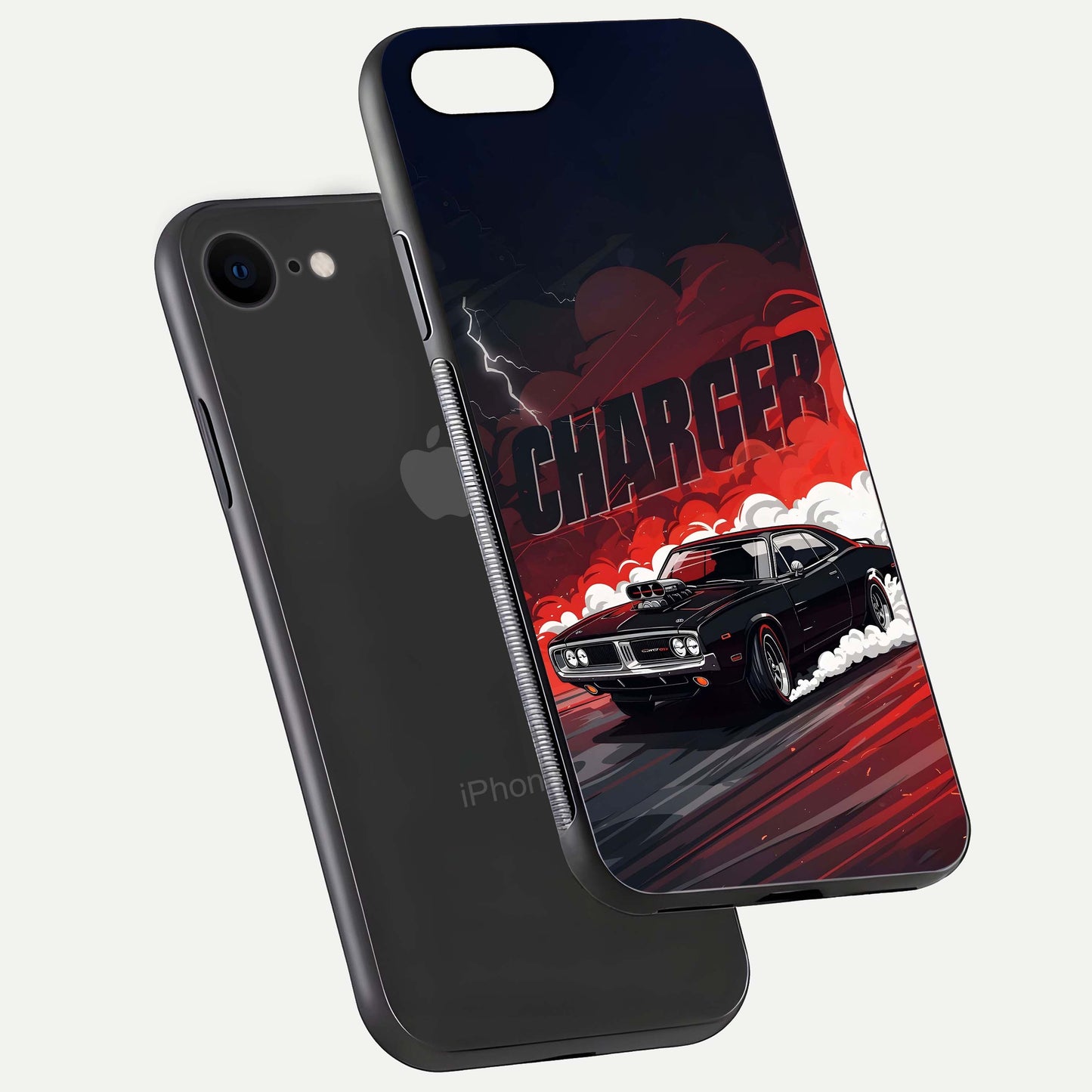 Dark Charger Fury Glass Case for iPhone 7 floating mockup showing reflection depth and shiny surface