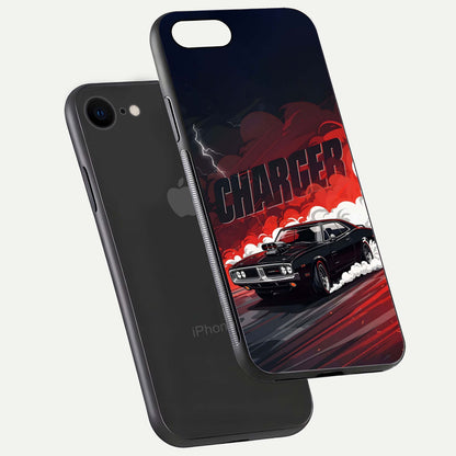 Dark Charger Fury Glass Case for iPhone 7 floating mockup showing reflection depth and shiny surface