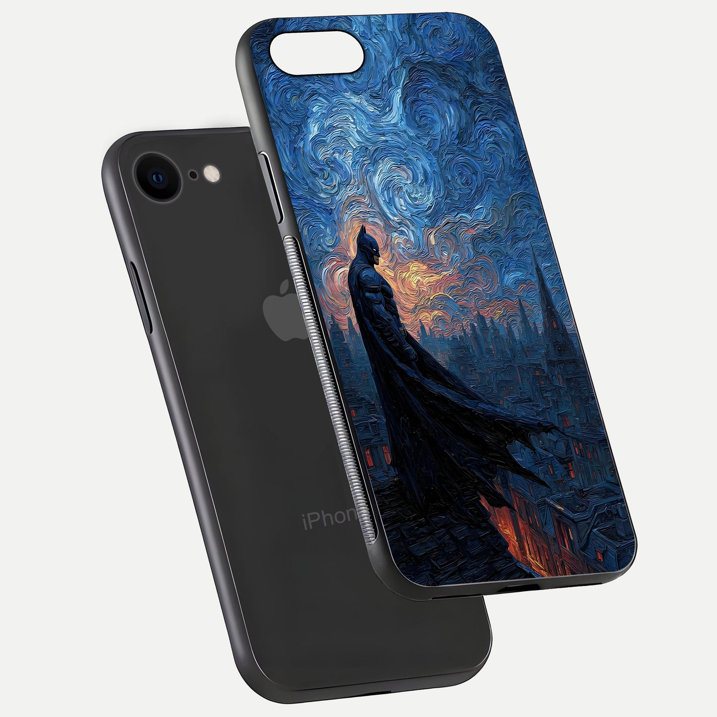 Dark Knight Dusk Glass Case for iPhone 7 floating mockup showing glossy depth and cinematic lighting