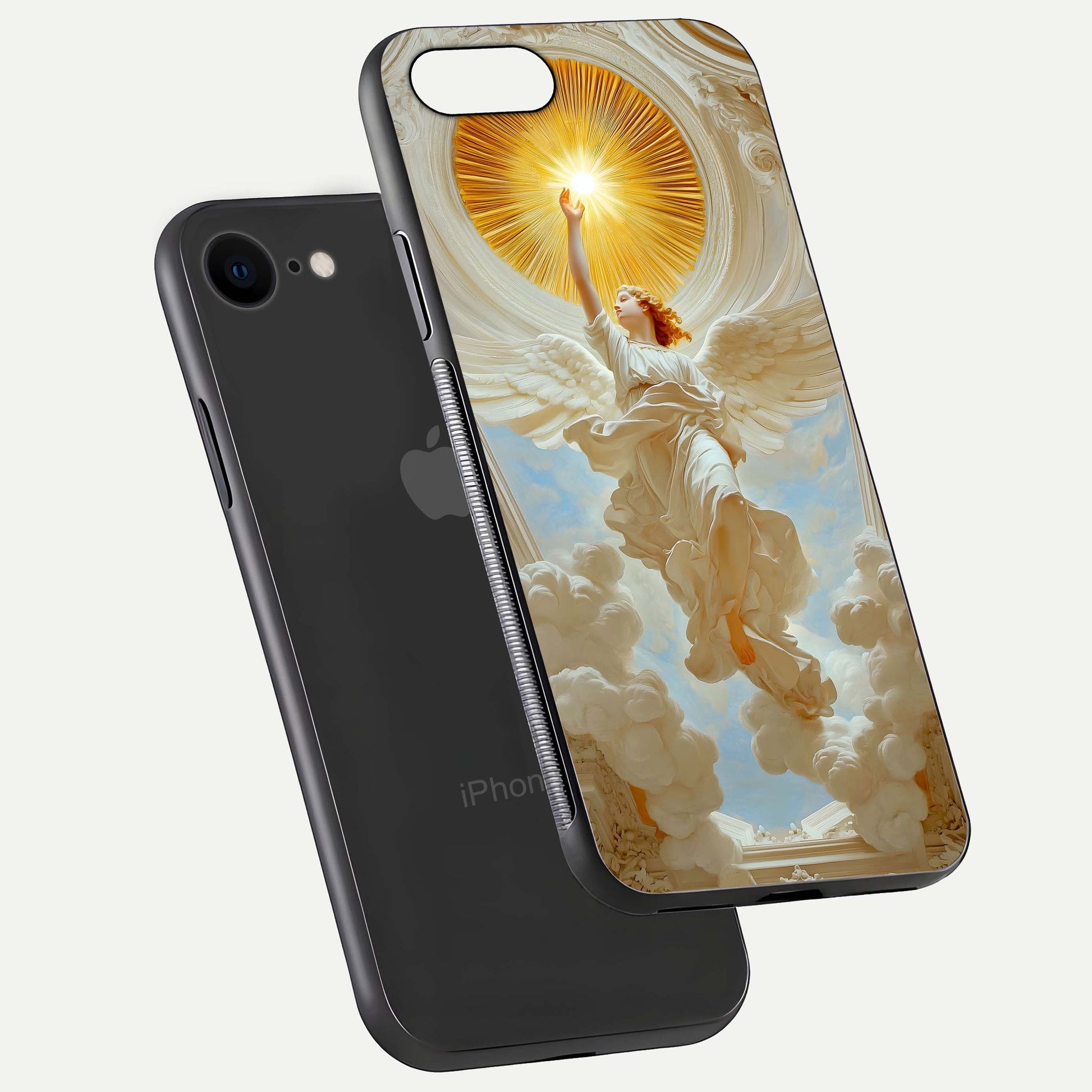 Divine Light Angel Glass Case for iPhone 7 floating mockup showing gloss texture and radiant light