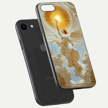 Divine Light Angel Glass Case for iPhone 7 floating mockup showing gloss texture and radiant light
