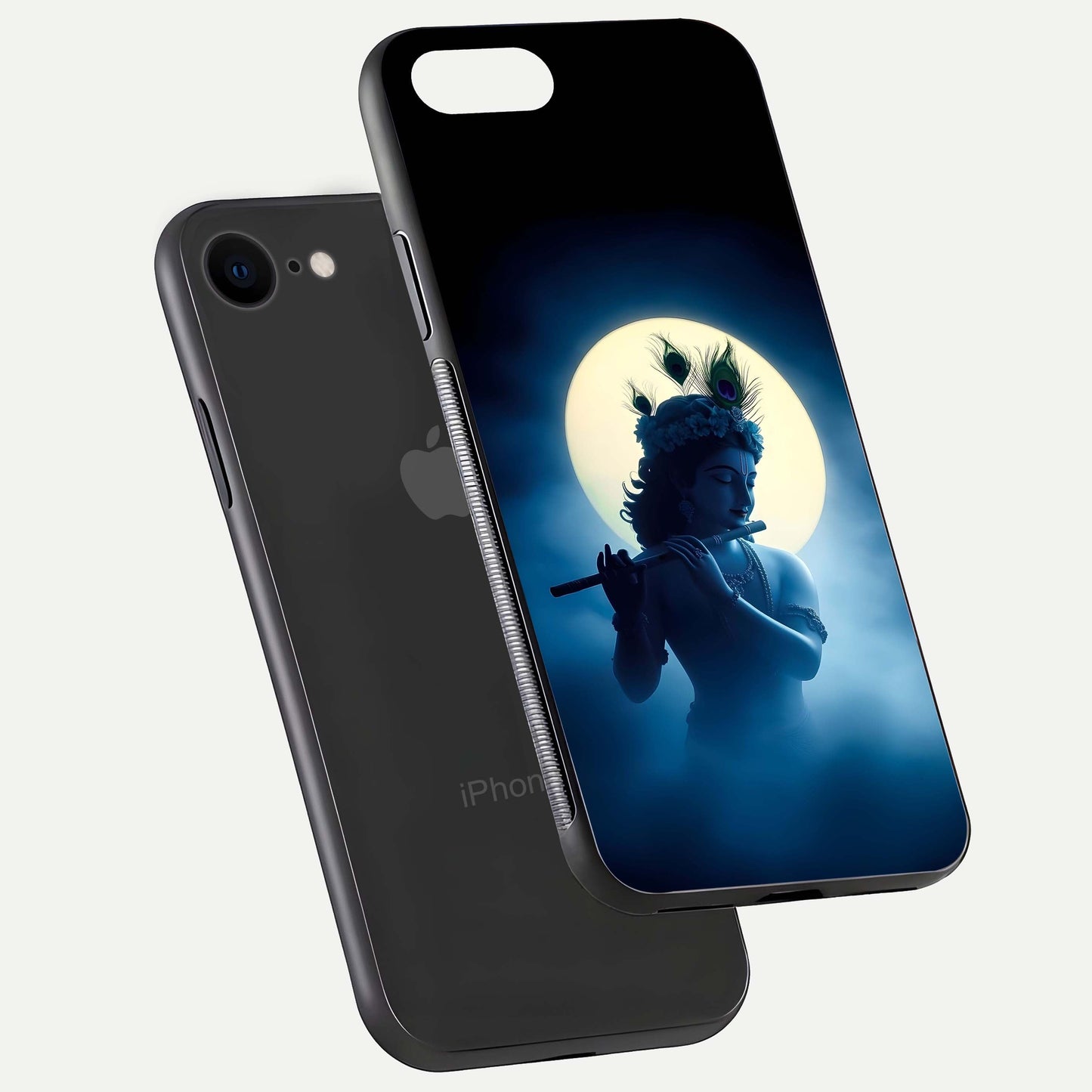 Divine Moon Flute Glass Case for iPhone 7 floating mockup showing HD gloss and luminous texture