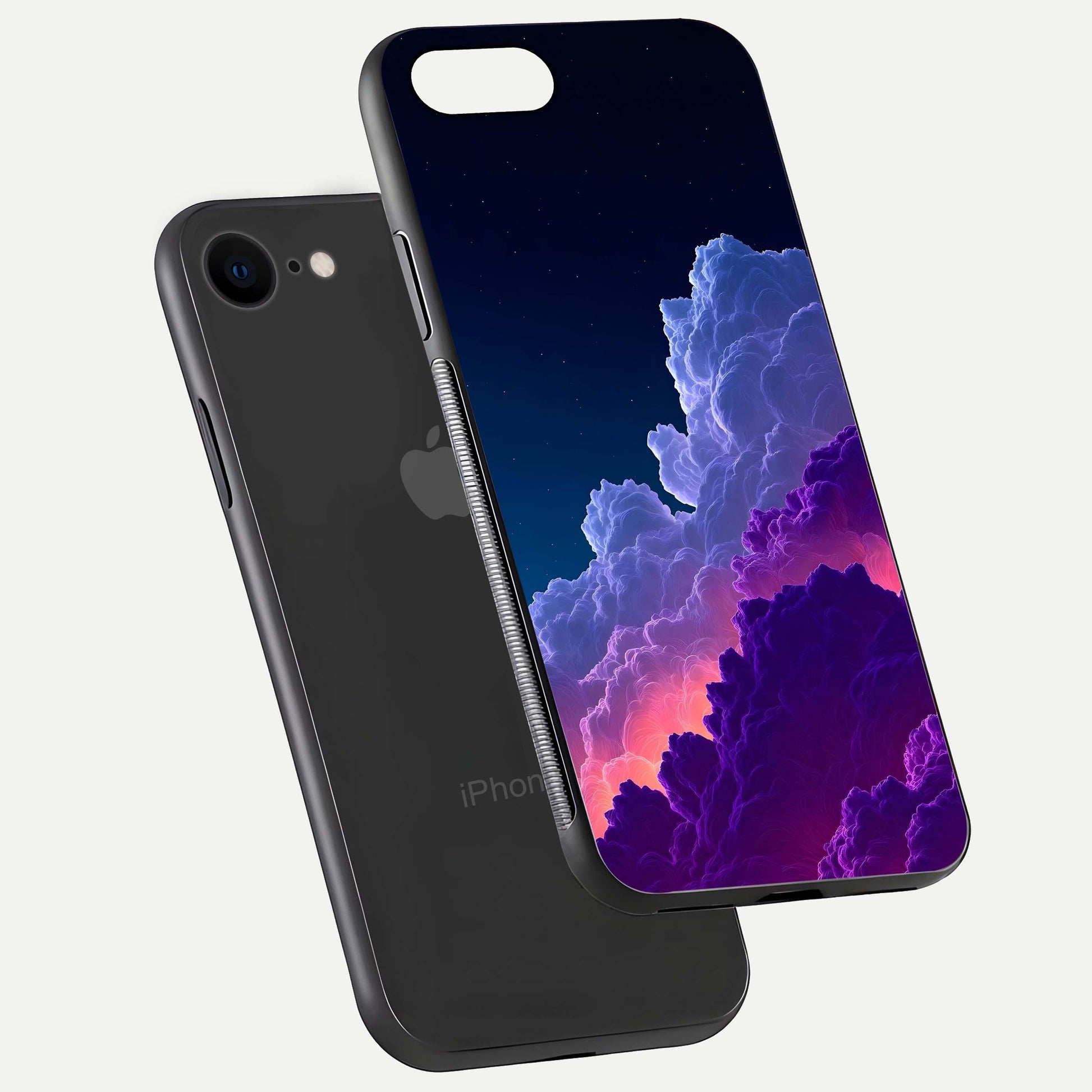 Dreamy Cloud Skies Glass Case for iPhone 7 floating mockup showing glossy depth and delicate tone