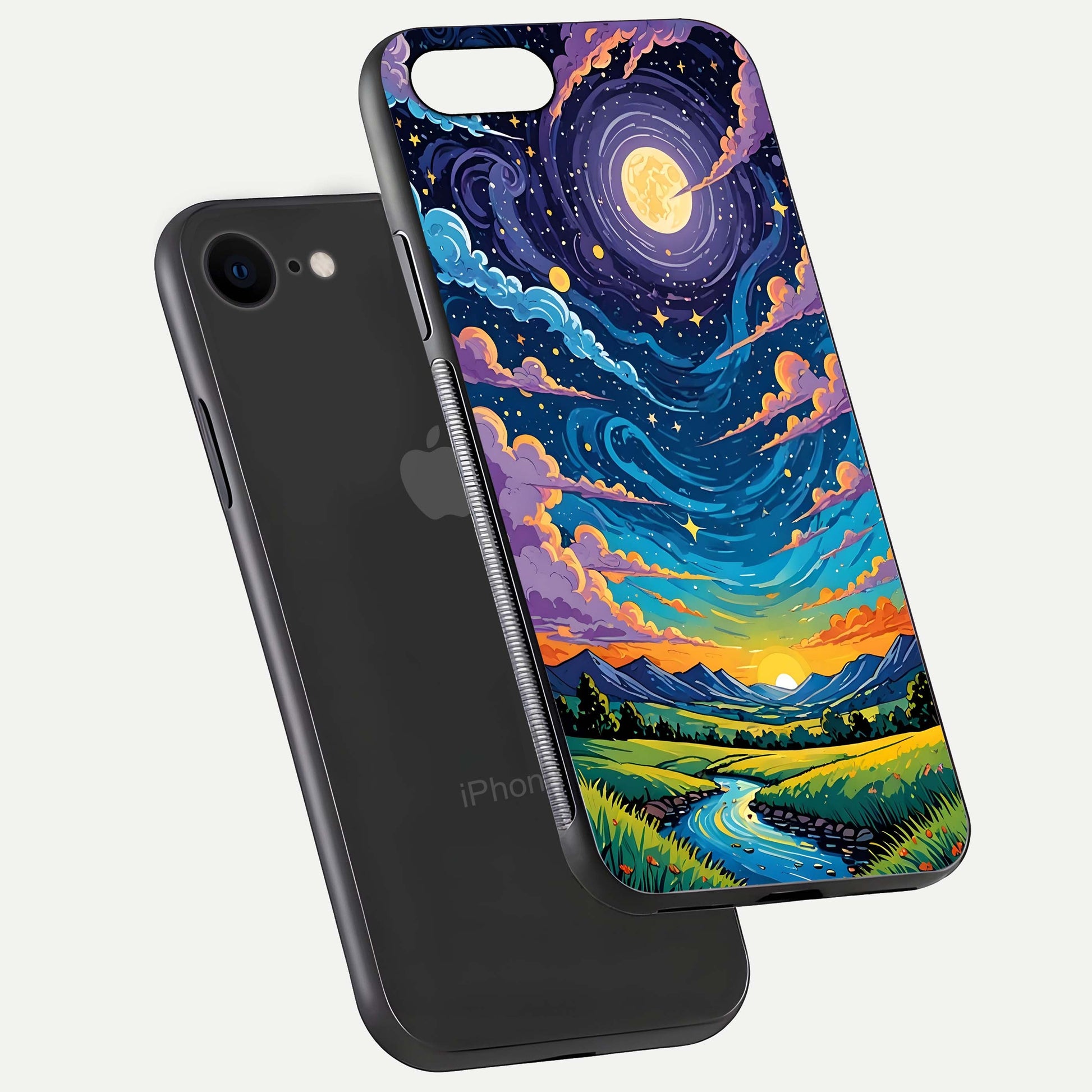 Dreamy Night Landscape Glass Case for iPhone 7 floating mockup showing glossy depth and serene color