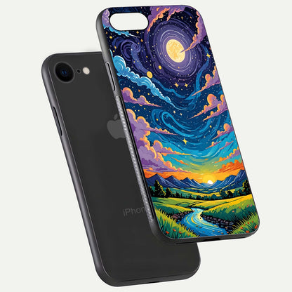 Dreamy Night Landscape Glass Case for iPhone 7 floating mockup showing glossy depth and serene color