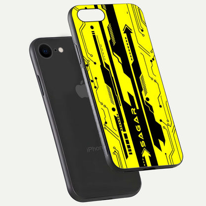 Electric Pulse CYBERPUNK Custom Name Glass Case for iPhone 7 floating mockup showing HD gloss and vibrant cyberpunk glow