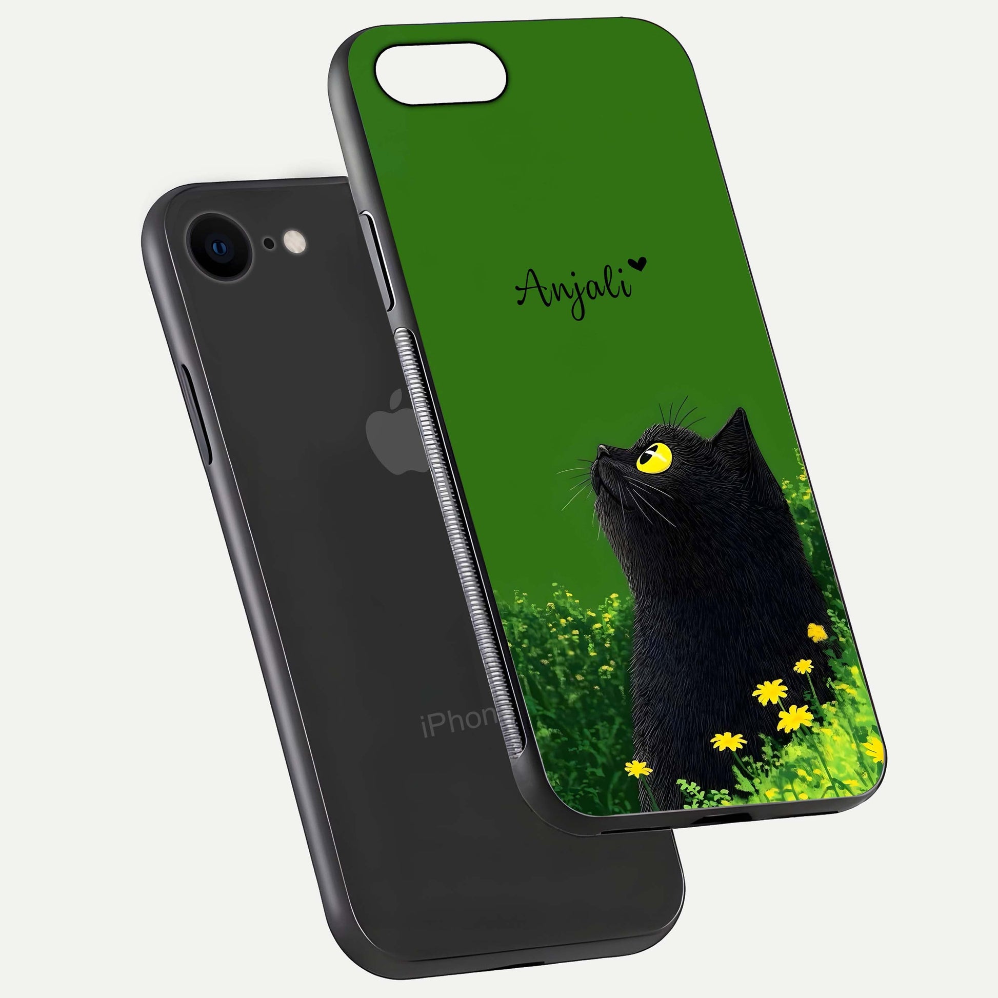 Emerald Cat Custom Name Glass Case for iPhone 7 floating mockup showing HD gloss and soft gradient