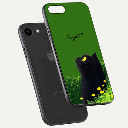 Emerald Cat Custom Name Glass Case for iPhone 7 floating mockup showing HD gloss and soft gradient