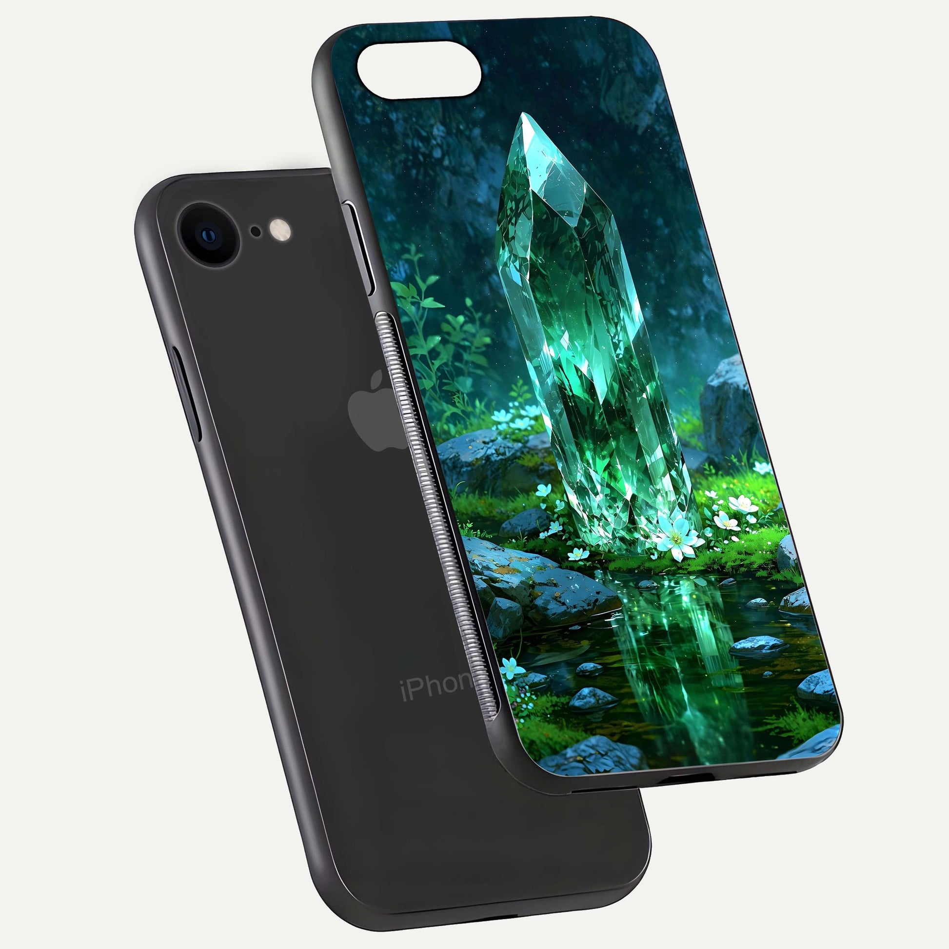 Emerald Light Crystal Glass Case for iPhone 7 floating mockup showing glossy finish and radiant light pattern