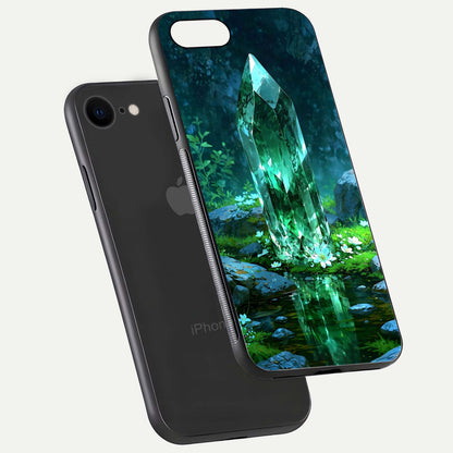 Emerald Light Crystal Glass Case for iPhone 7 floating mockup showing glossy finish and radiant light pattern