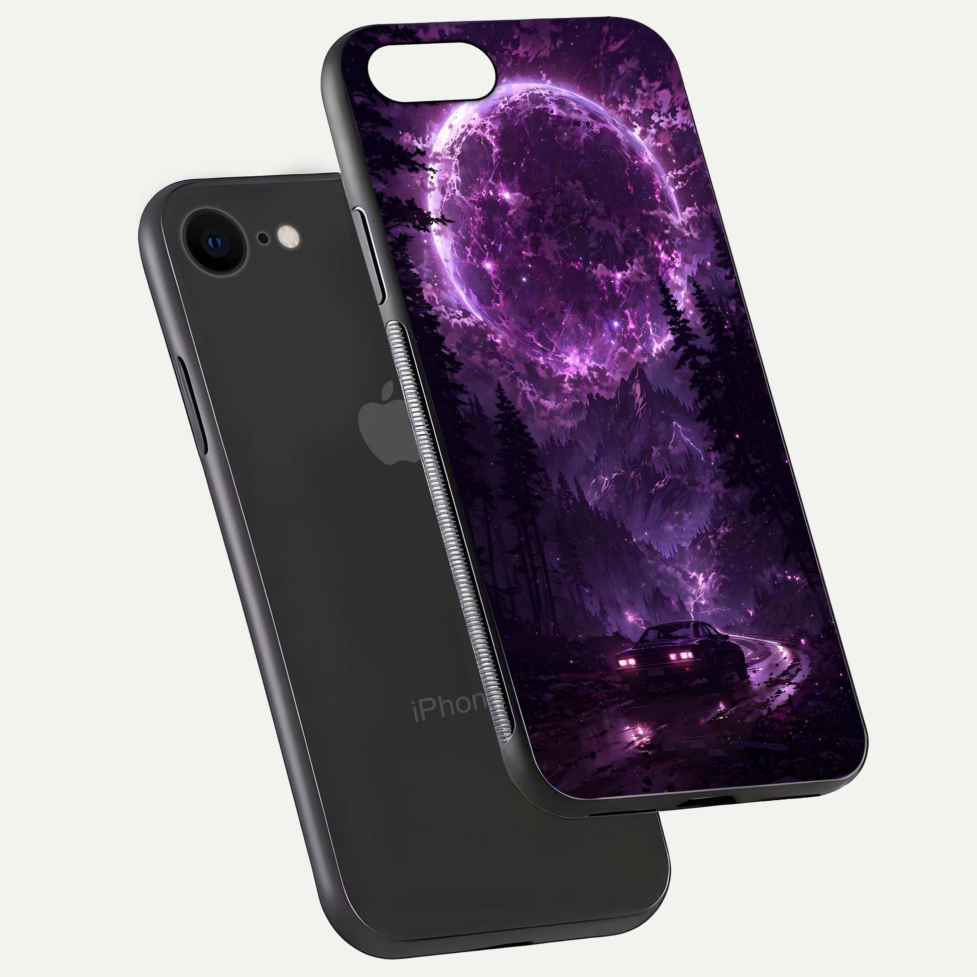 Eternal Cosmic Drive Glass Case for iPhone 7 floating mockup showing glossy polish and vivid glow