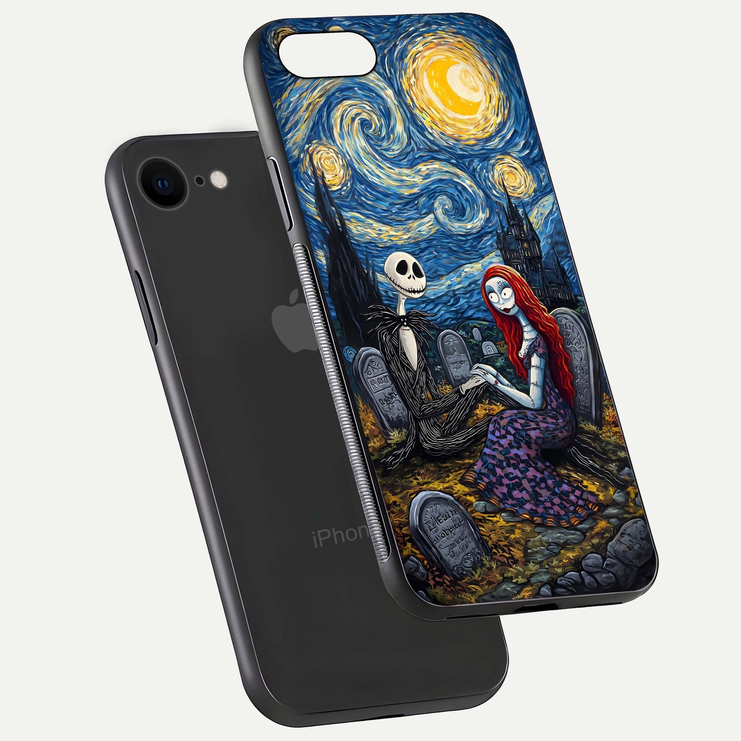 Eternal Night Love Glass Case for iPhone 7 floating mockup showing gloss brightness and romantic vibe