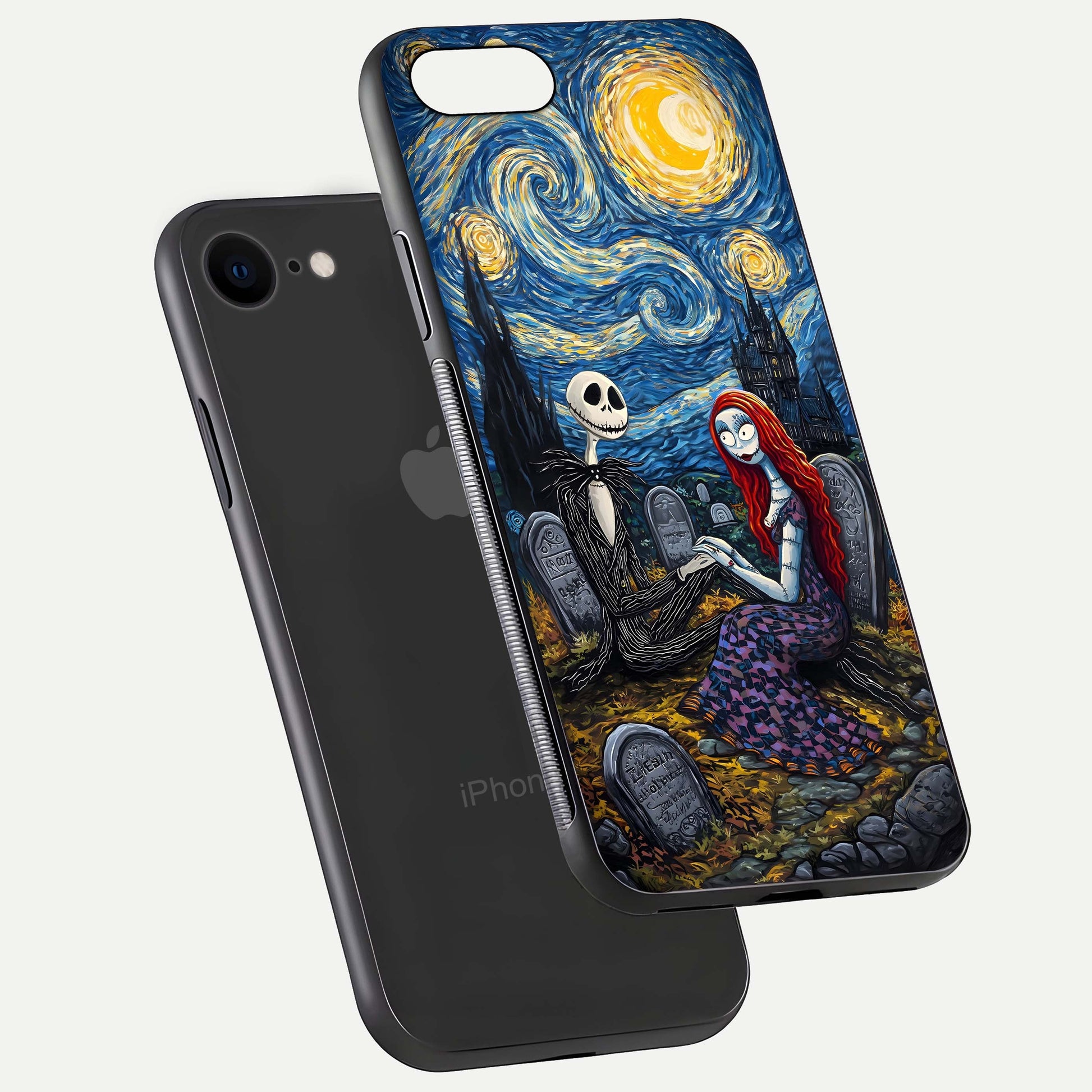 Eternal Night Love Glass Case for iPhone 7 floating mockup showing gloss brightness and romantic vibe