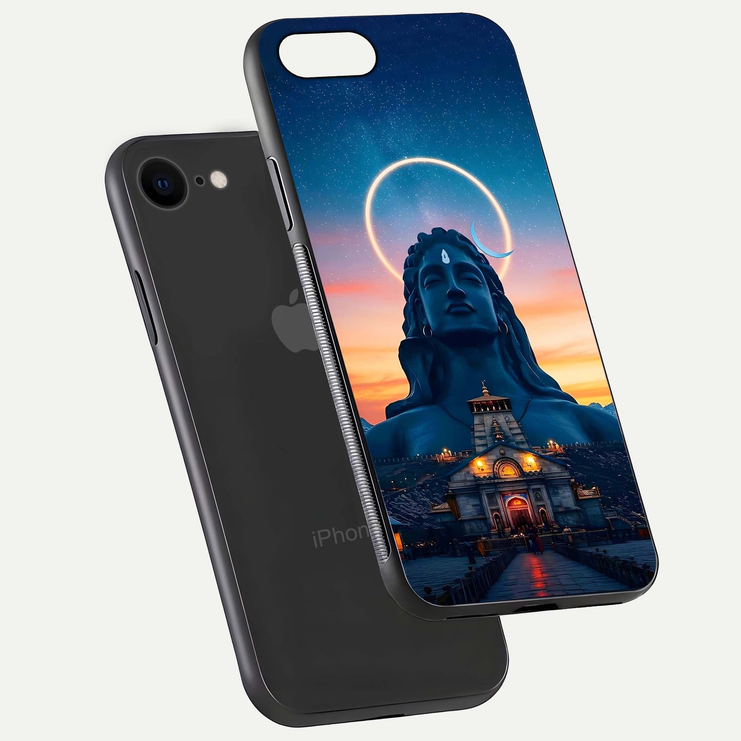 Eternal Shiva Aura Glass Case for iPhone 7 floating mockup showing gloss texture and spiritual glow