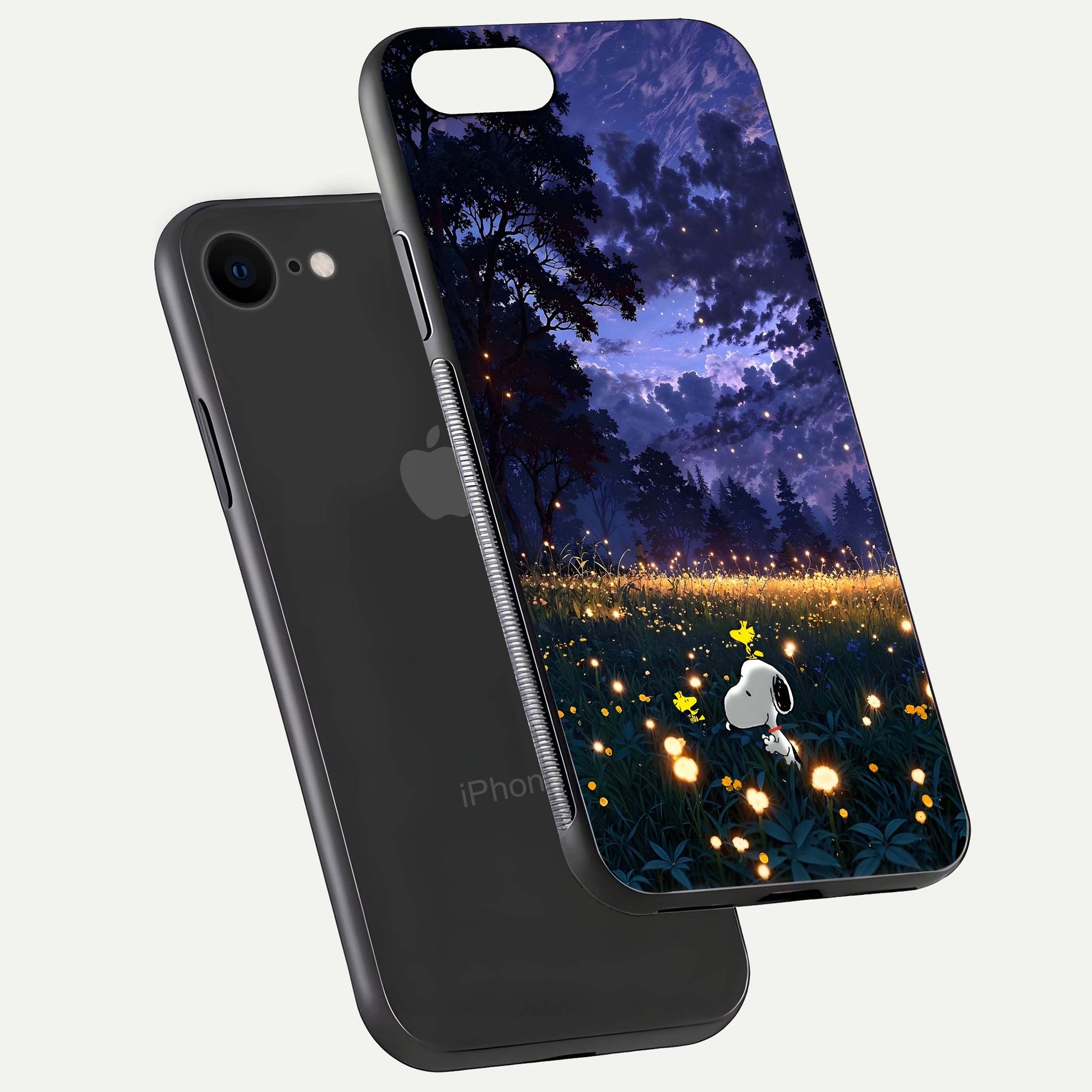 Firefly Meadow Magic Glass Case for iPhone 7 floating mockup showing gloss polish and magical night hues