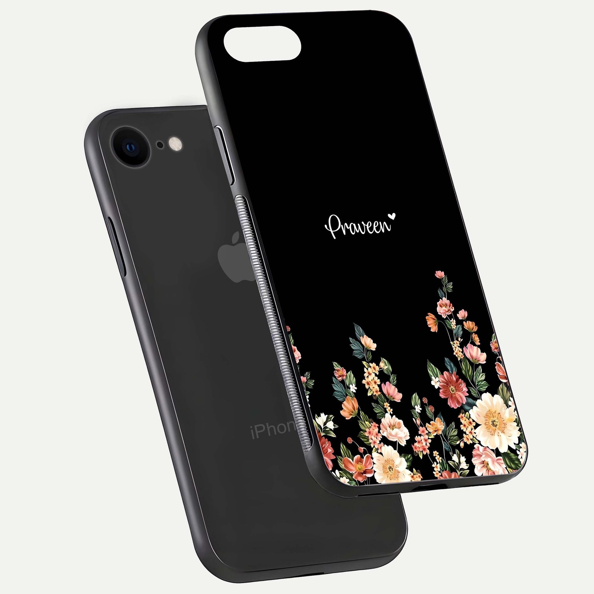Floral Design Personalized Custom Name Glass Case for iPhone 7 floating mockup showing reflection polish and vivid colors
