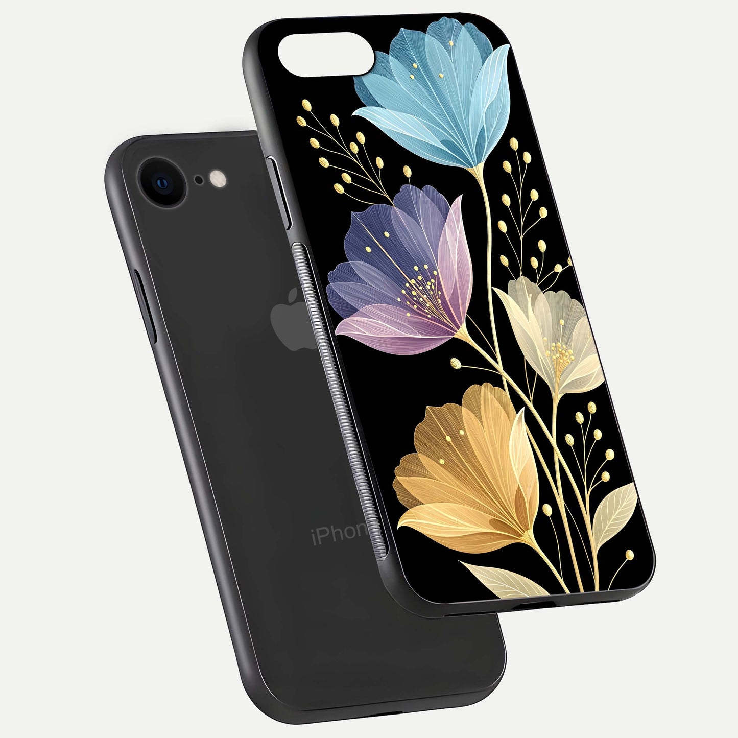 Flower Bloom Glow Glass Case for iPhone 7 floating mockup showing HD shine and artistic detail