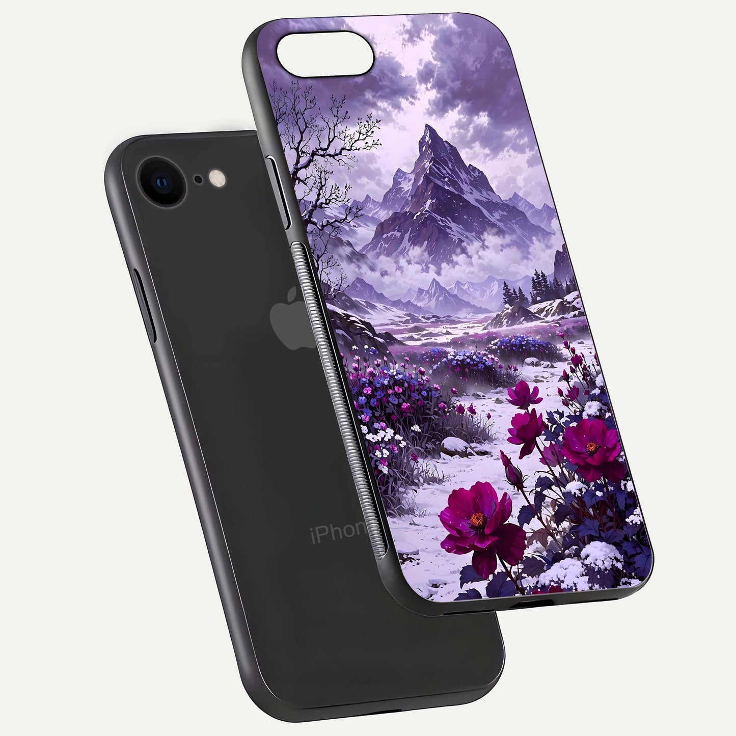 Flower Mountain View Glass Case for iPhone 7 floating mockup showing reflection glow and artistic clarity