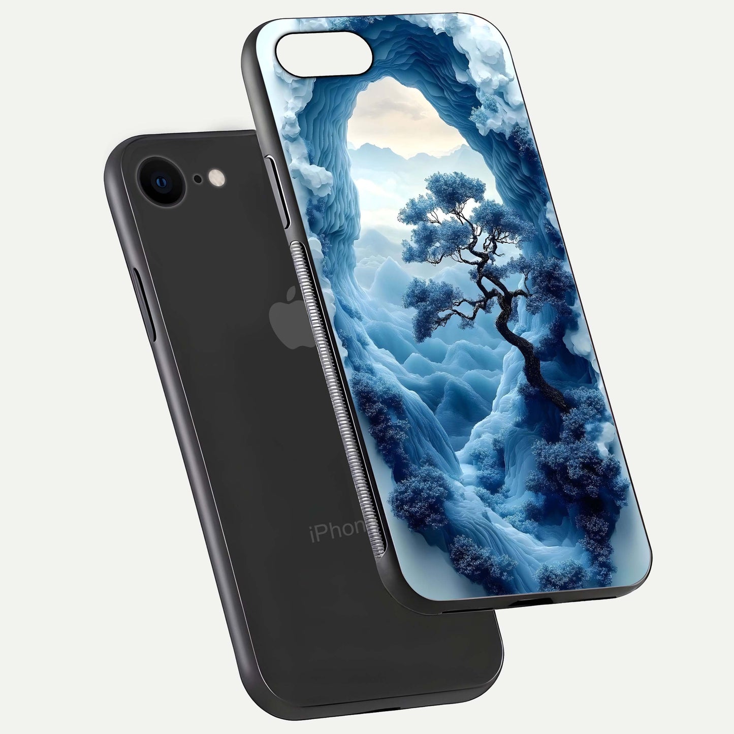 Frozen Serenity Gate Glass Case for iPhone 7 floating mockup showing glossy depth and crystal glow