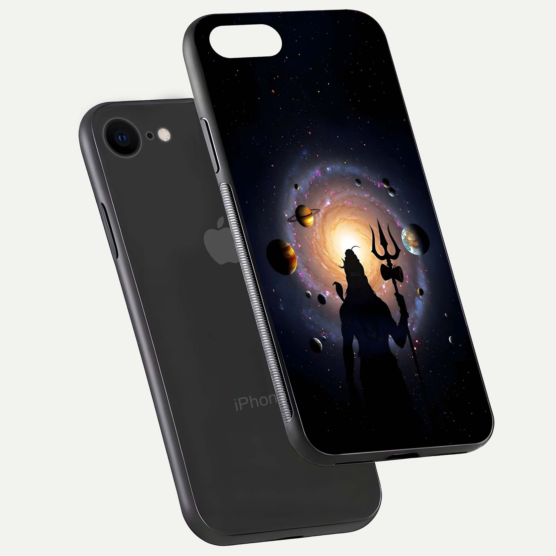 Galactic Shiva Vision Glass Case for iPhone 7 floating dual-view mockup displaying vibrant cosmic colors and smooth gloss texture