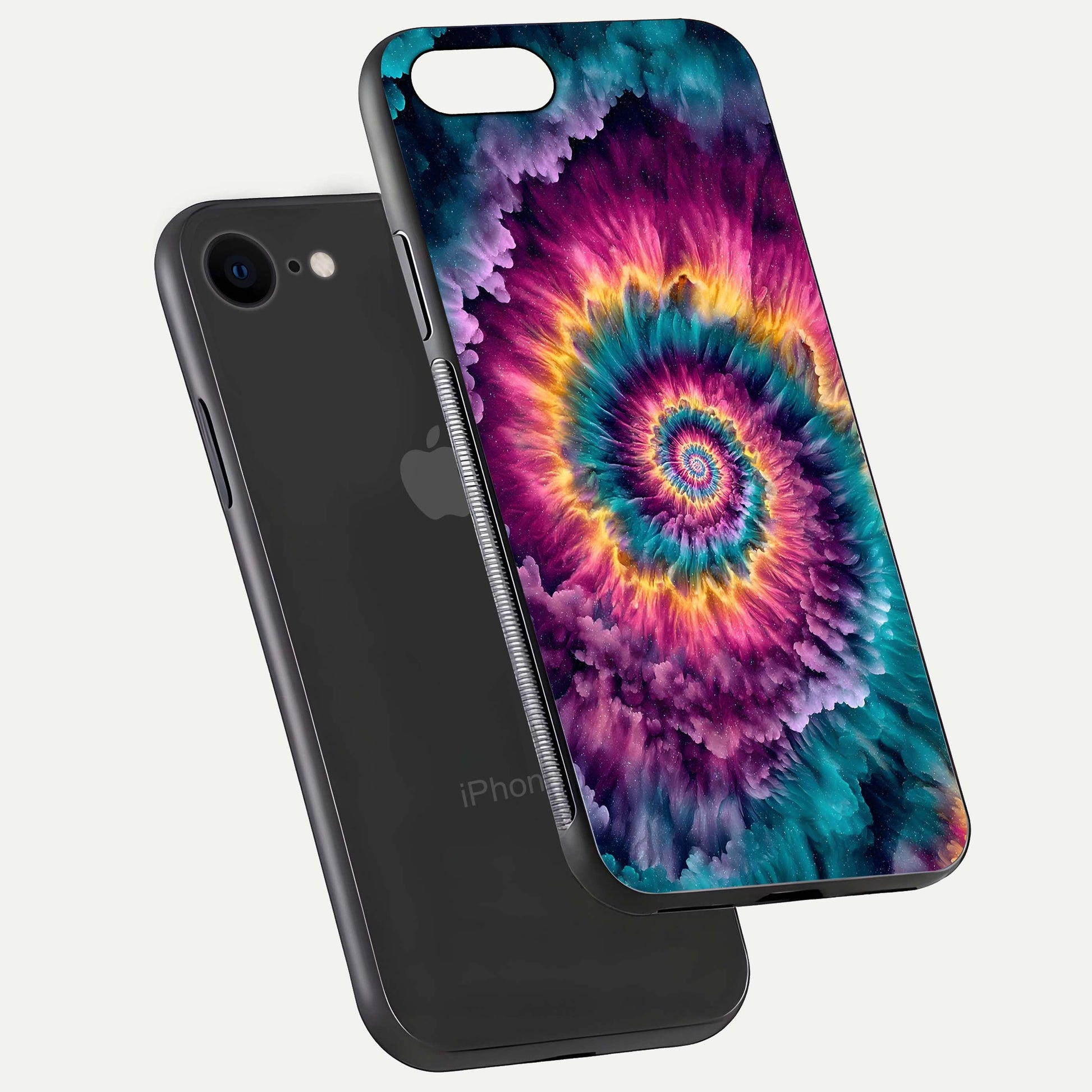 Galactic Spiral Burst Glass Case for iPhone 7 floating dual-view mockup displaying light trails and smooth gloss shine