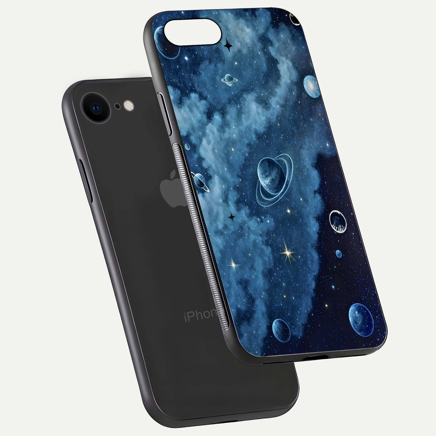Galaxy Dream Space Glass Case for iPhone 7 floating dual-view mockup showing glossy finish and celestial depth