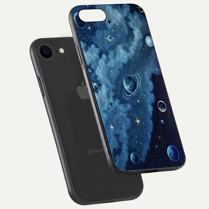 Galaxy Dream Space Glass Case for iPhone 7 floating dual-view mockup showing glossy finish and celestial depth
