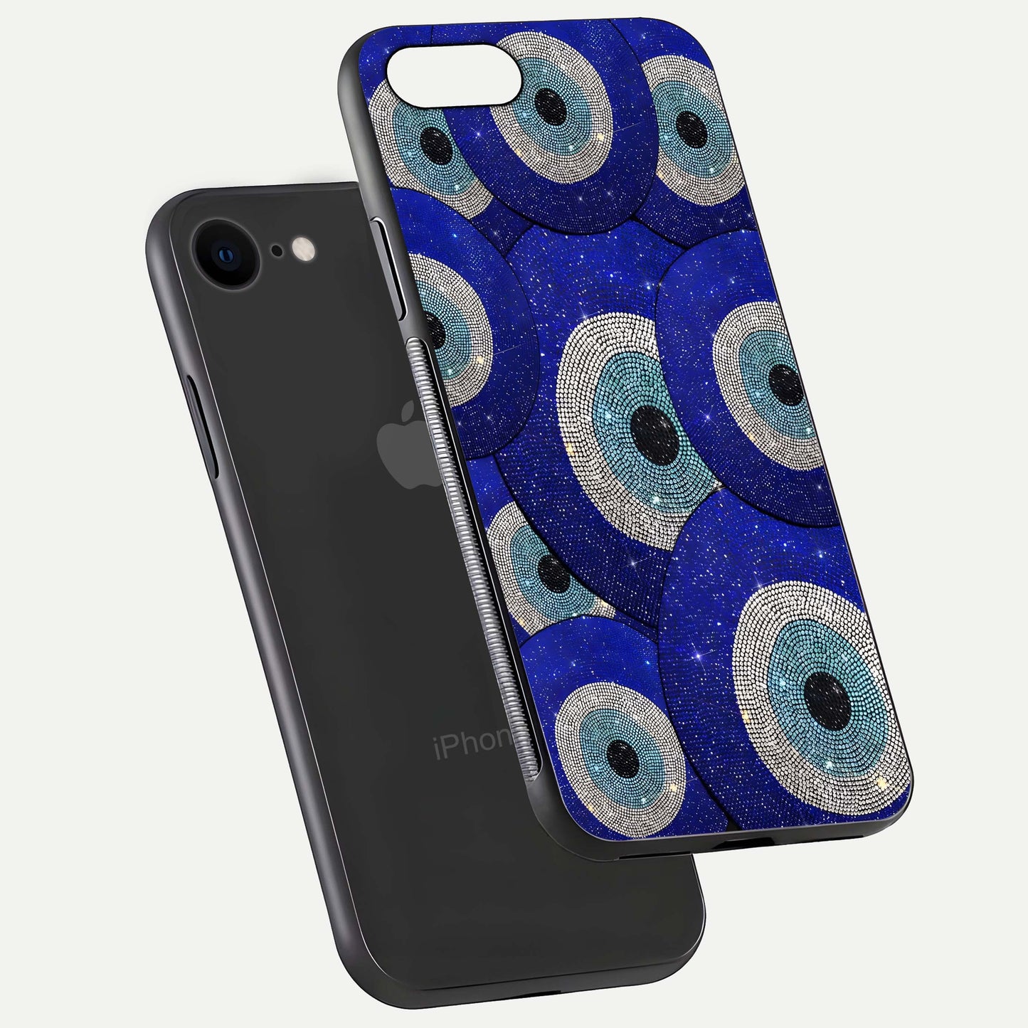 Galaxy Eye Flow Glass Case for iPhone 7 floating dual-view mockup showing gloss polish and glowing tones