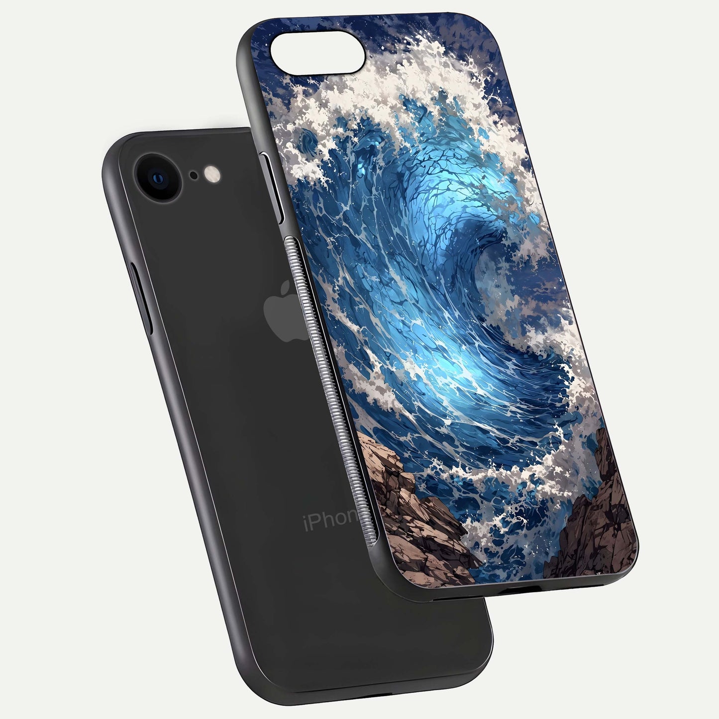 Giant Ocean Wave Glass Case for iPhone 7 floating dual-view mockup showing glossy depth and aquatic blue gradient