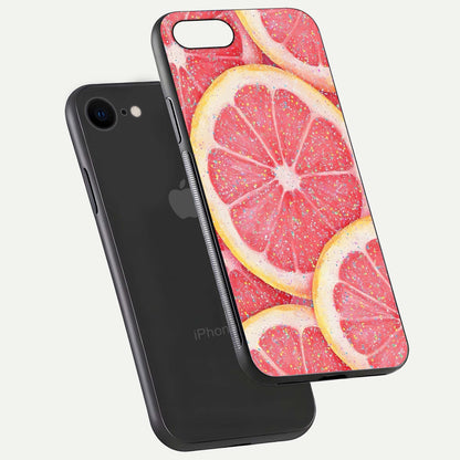 Glitter Grapefruit Glass Case for iPhone 7 floating dual-view mockup showing HD gloss and fresh color detail