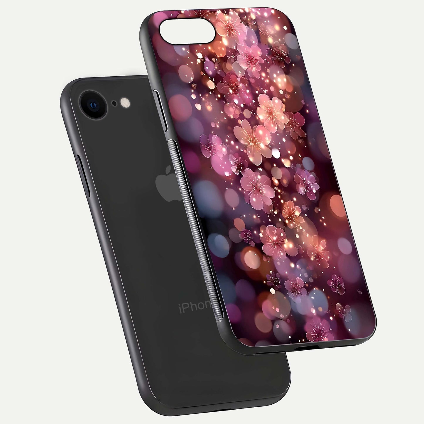 Glowing Petal Bliss Glass Case for iPhone 7 floating dual-view mockup showing gloss brightness and delicate tone