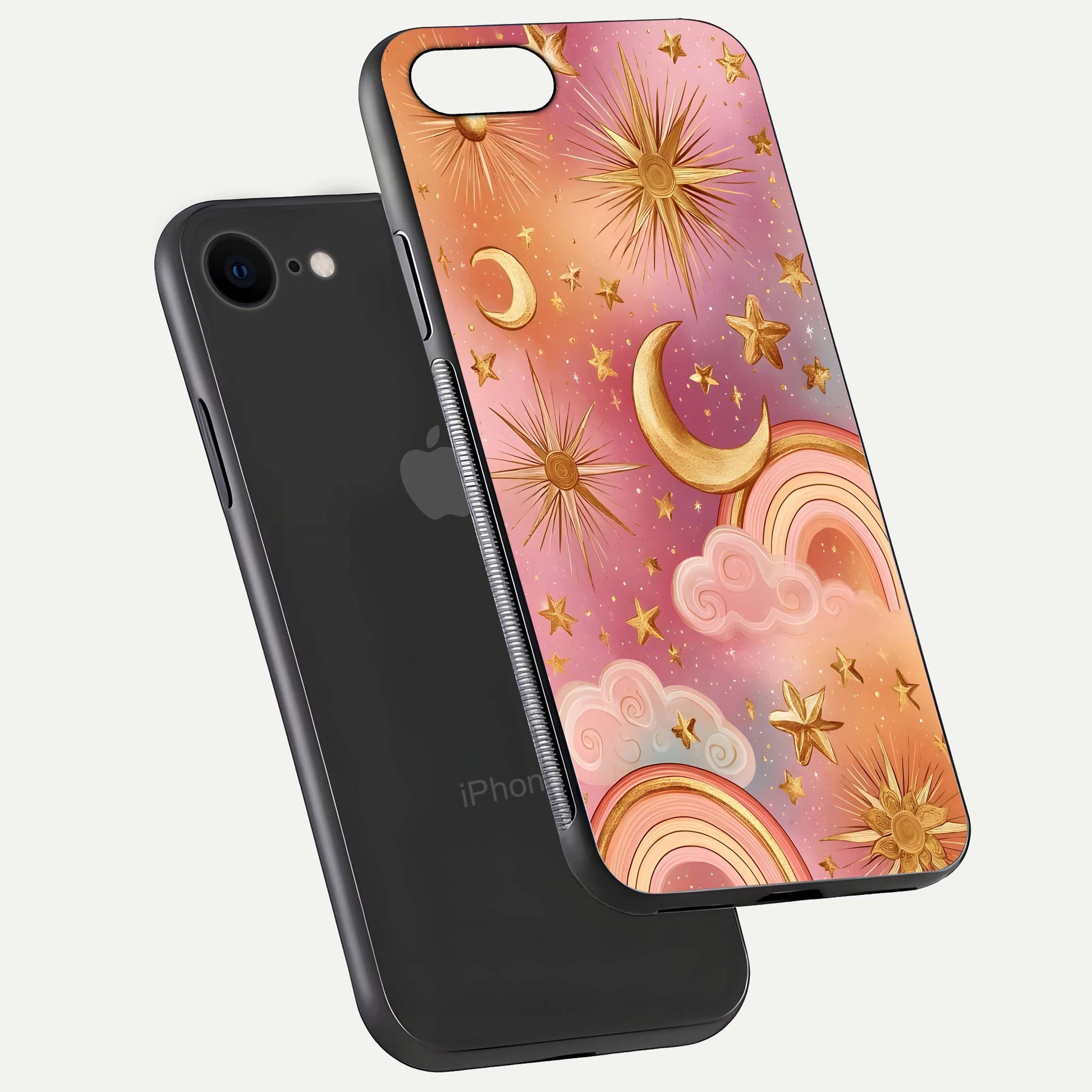 Golden Celestial Dreams Glass Case for iPhone 7 floating dual-view mockup showing gloss surface and dream-like glow