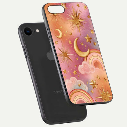 Golden Celestial Dreams Glass Case for iPhone 7 floating dual-view mockup showing gloss surface and dream-like glow