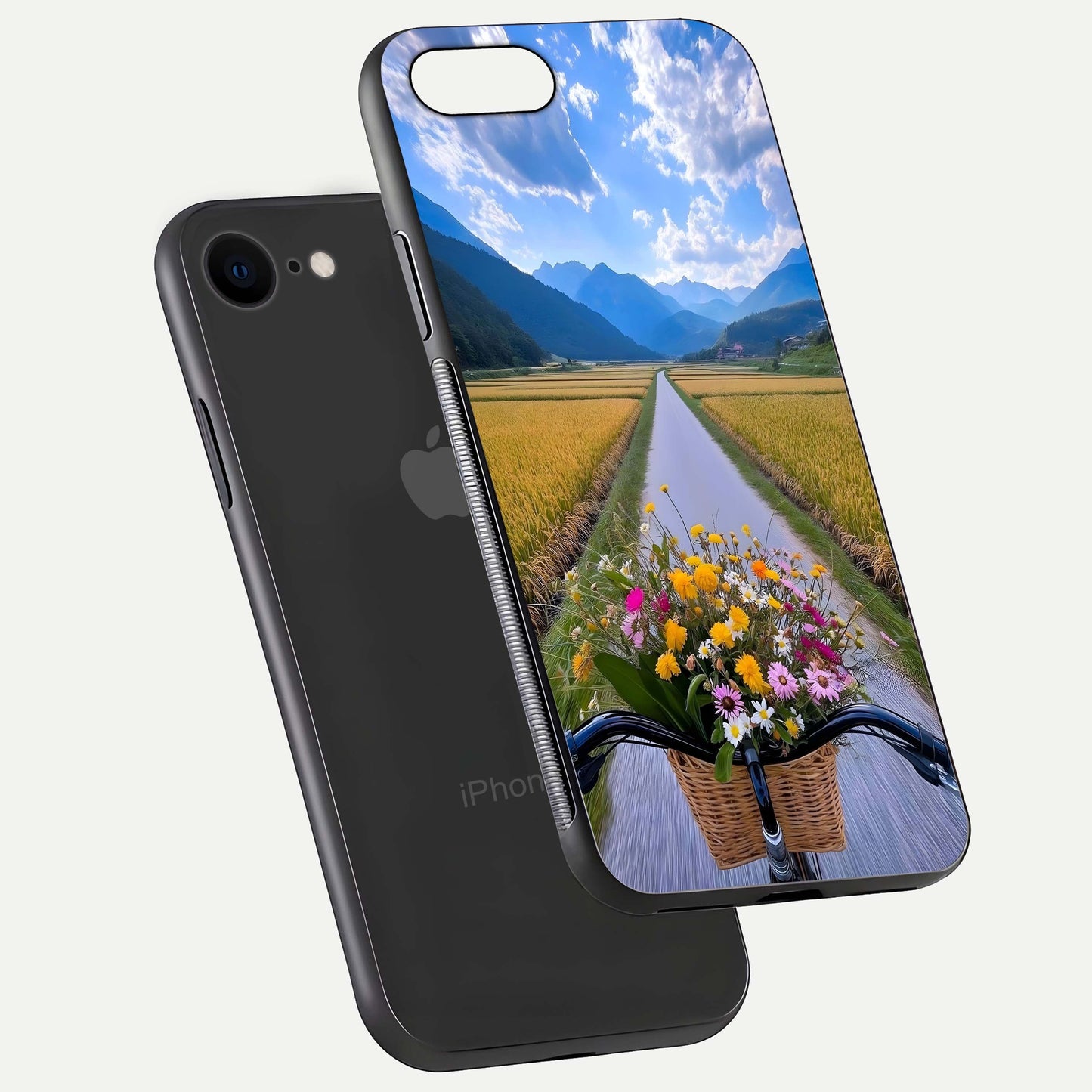 Golden Field Journey Glass Case for iPhone 7 floating dual-view mockup showing gloss surface and field depth