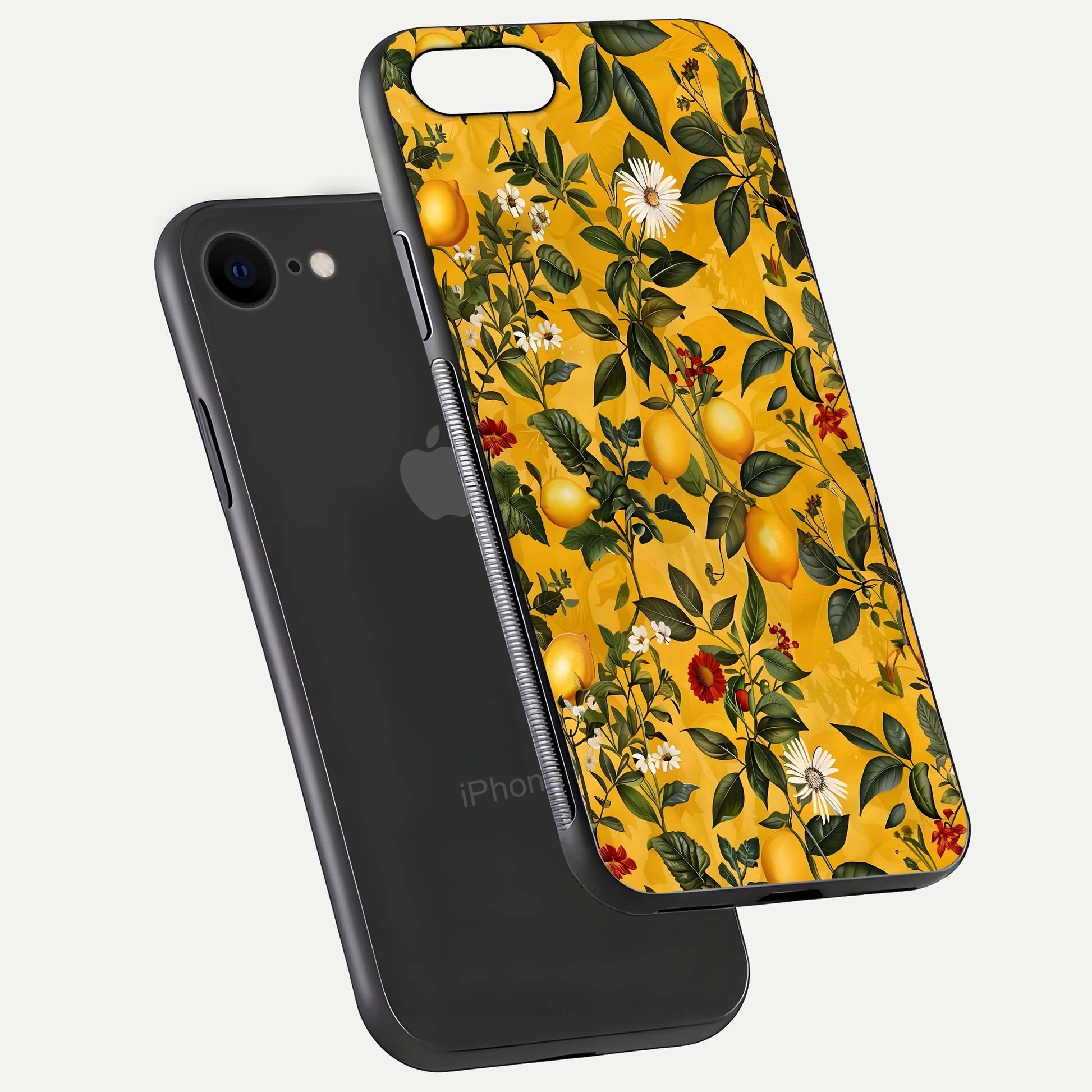 Golden Lemon Field Glass Case for iPhone 7 floating dual-view mockup showing gloss shine and yellow-gold palette