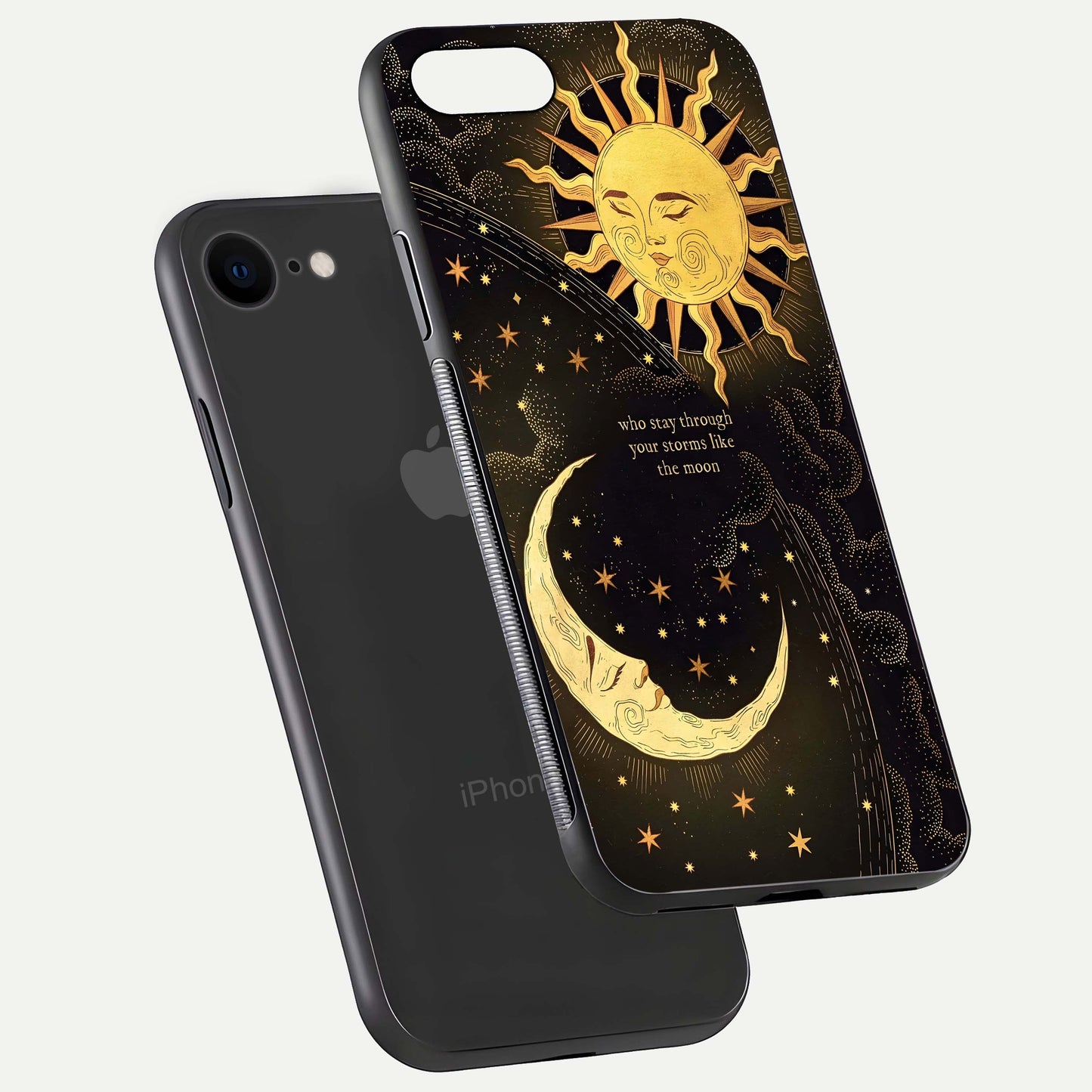 Golden Lunar Love Glass Case for iPhone 7 floating dual-view mockup showing glossy glow and romantic theme
