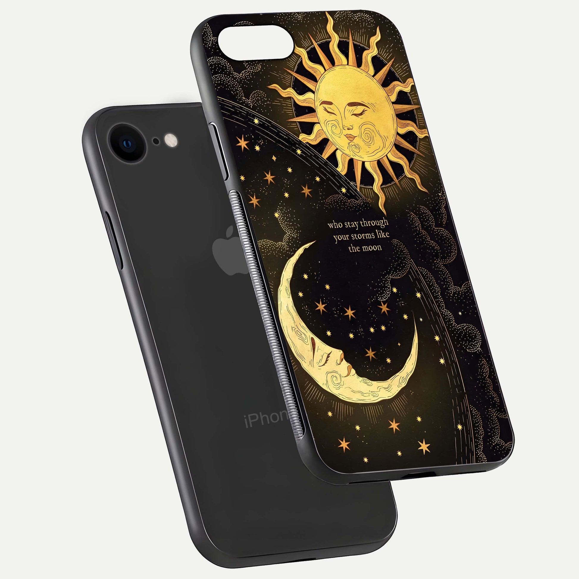 Golden Lunar Love Glass Case for iPhone 7 floating dual-view mockup showing glossy glow and romantic theme