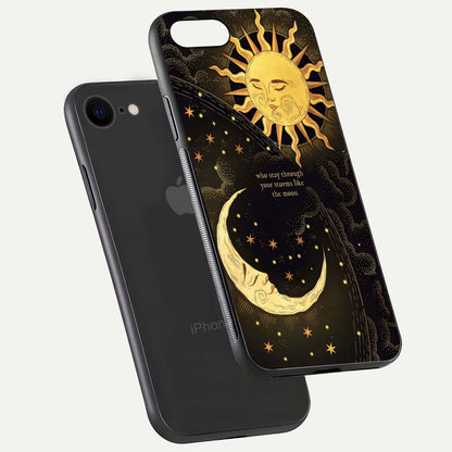 Golden Lunar Love Glass Case for iPhone 7 floating dual-view mockup showing glossy glow and romantic theme