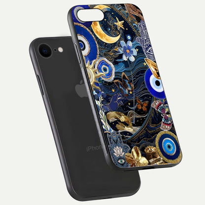 Golden Moon Magic Glass Case for iPhone 7 floating dual-view mockup showing gloss texture and golden illumination