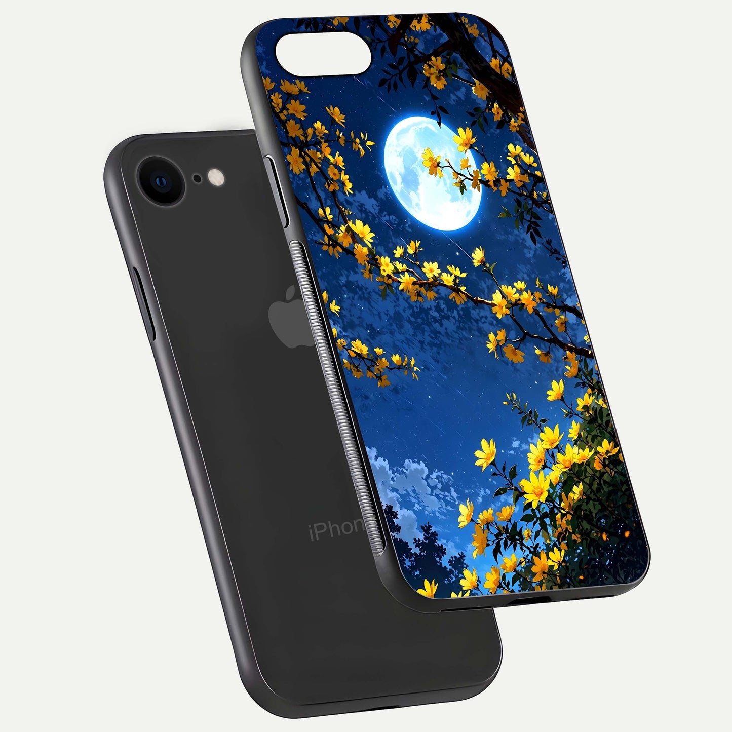 Golden Night Glow Glass Case for iPhone 7 floating dual-view mockup showing gloss polish and luxury shine