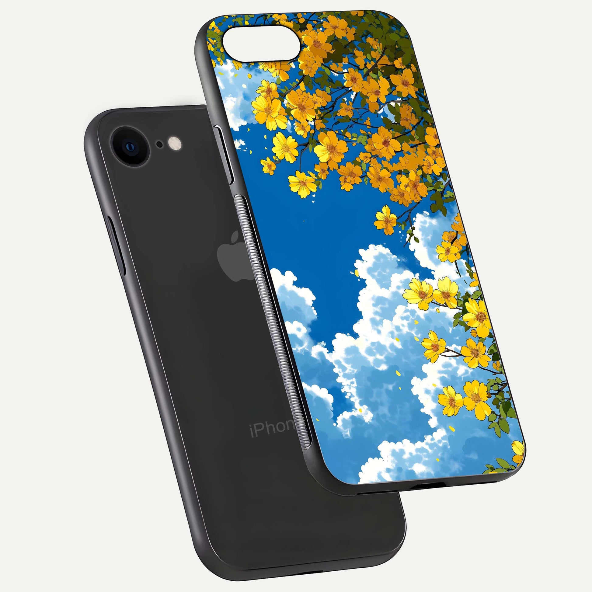Golden Petal Sky Glass Case for iPhone 7 floating dual-view mockup showing gloss brilliance and gold detail