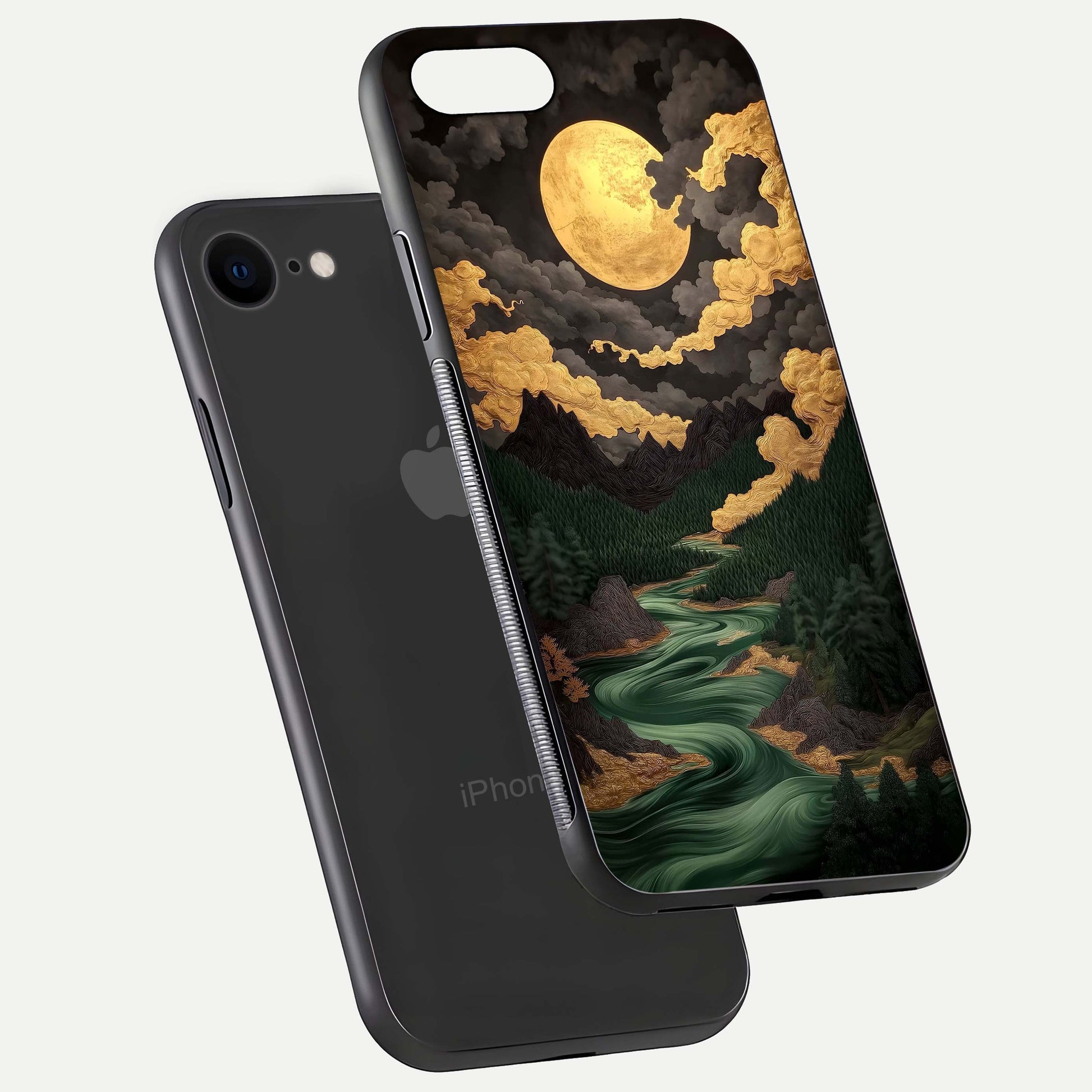 Golden River Moon Glass Case for iPhone 7 floating dual-view mockup showing gloss surface and luxury tone