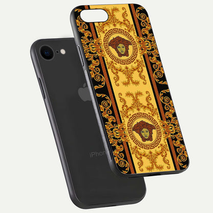 Golden Royal Heritage Glass Case for iPhone 7 floating dual-view mockup showing glossy surface and rich regal tone