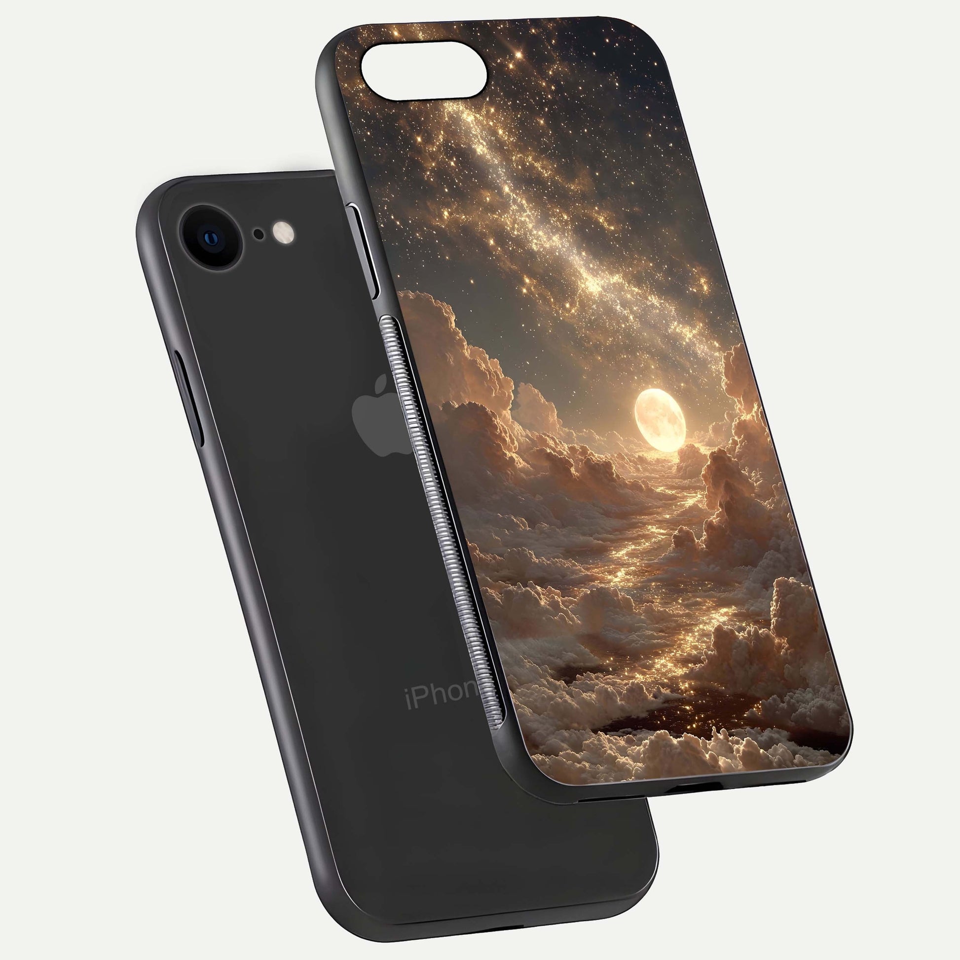 Golden Sky Dream Glass Case for iPhone 7 floating dual-view mockup showing gloss depth and elegant finish